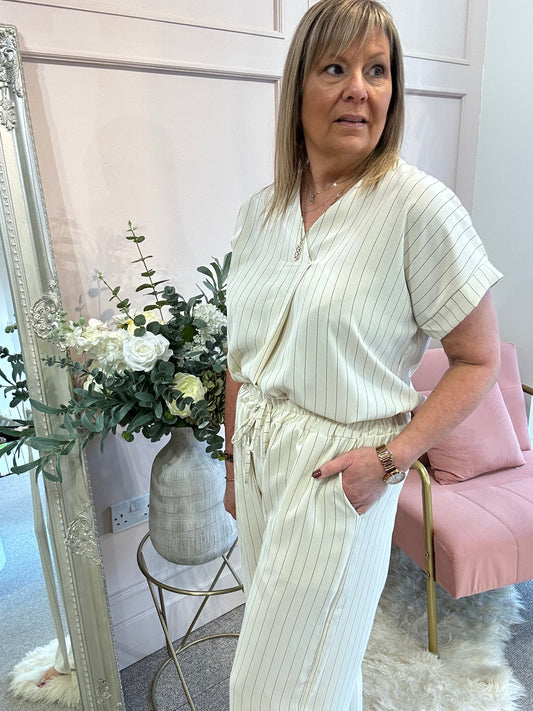 Pinstriped V Neck Top & Pant Set - Cream/Black