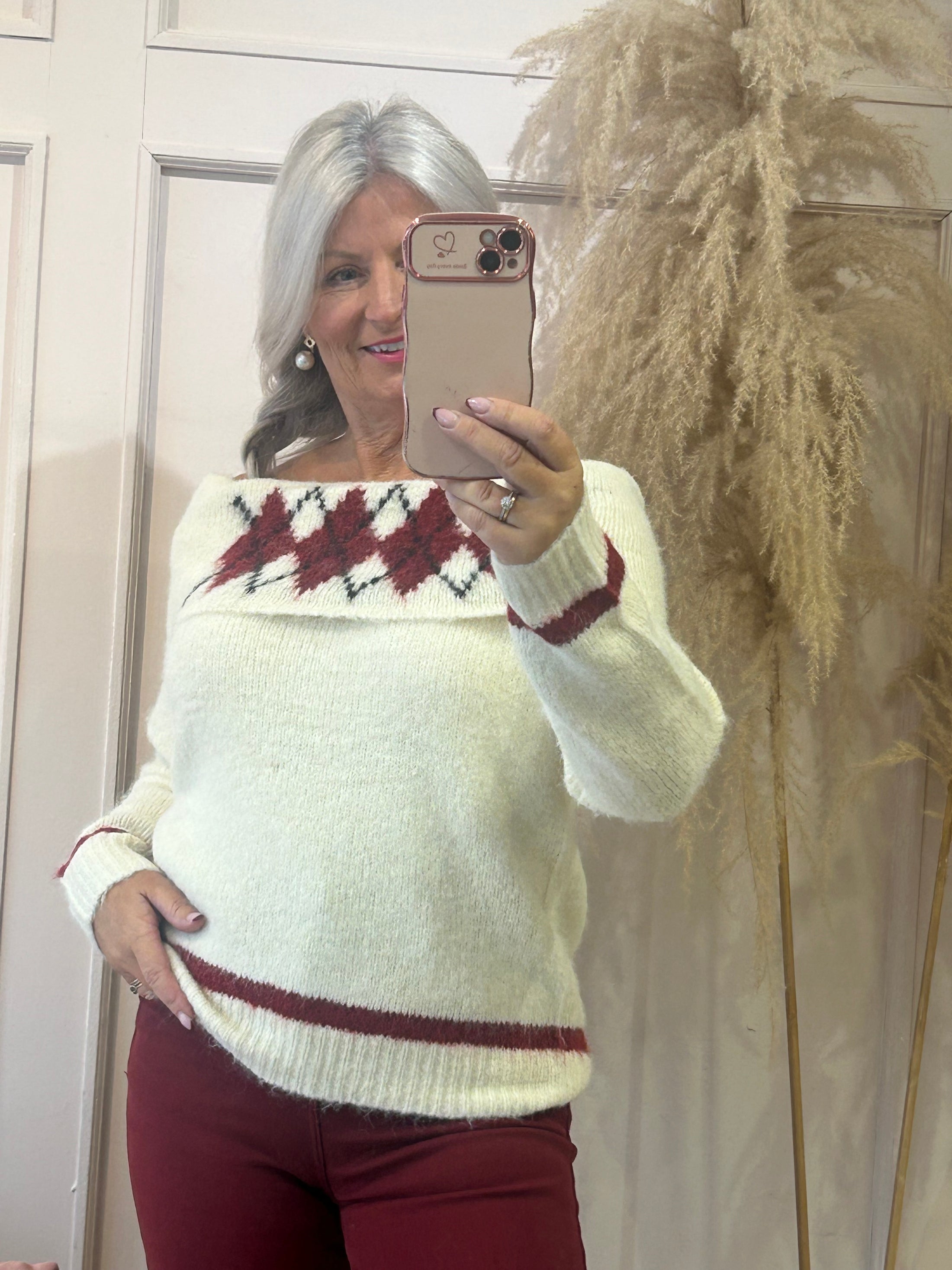 Off Shoulder Jumper - Cream/Burgundy