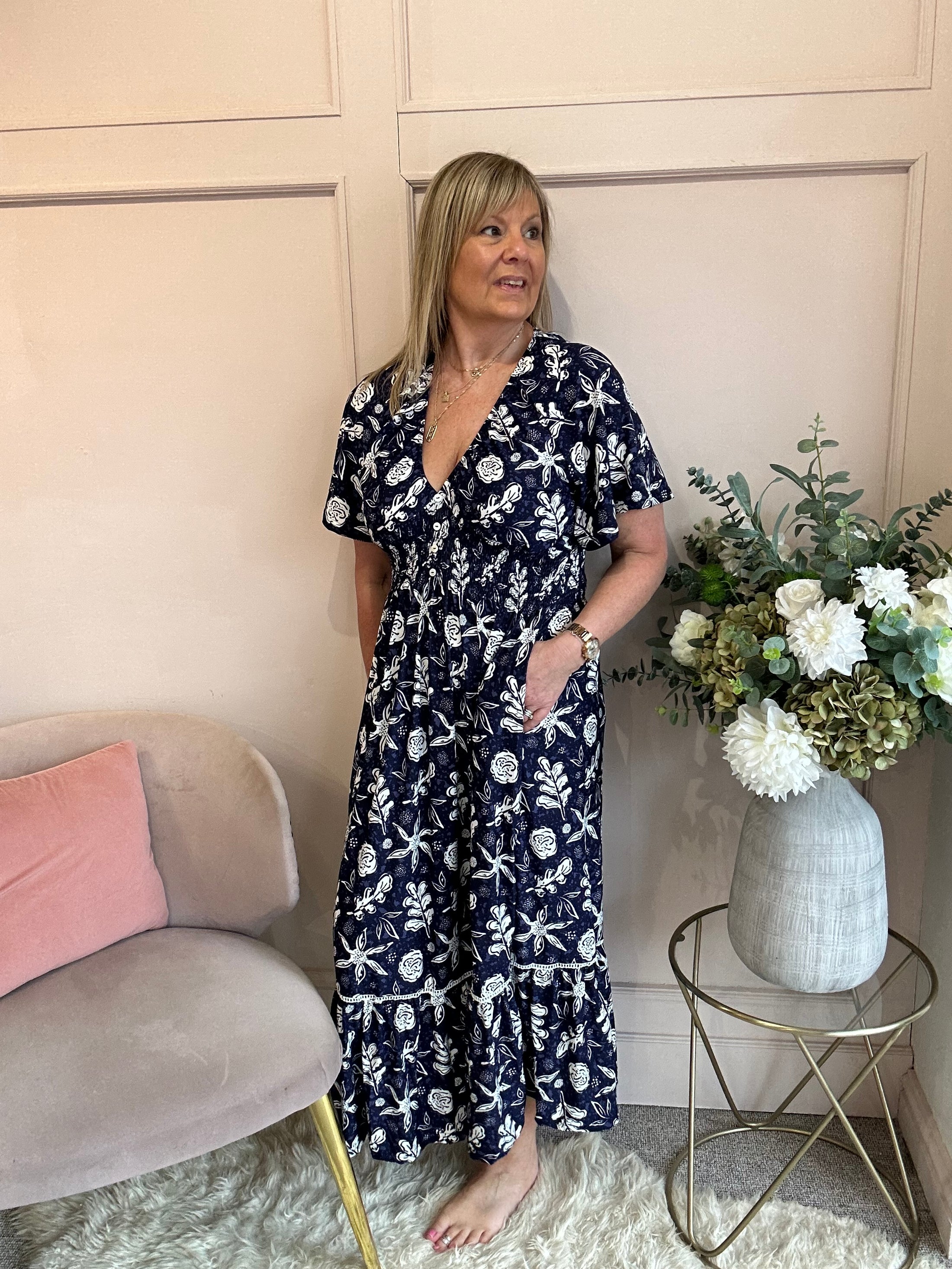White Floral Maxi Dress - Navy/White - Wardrobe By Simone