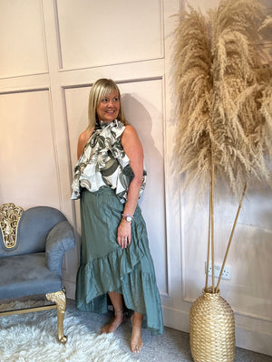 Ruffle sleeveless blouse - Green/cream - Wardrobe By Simone