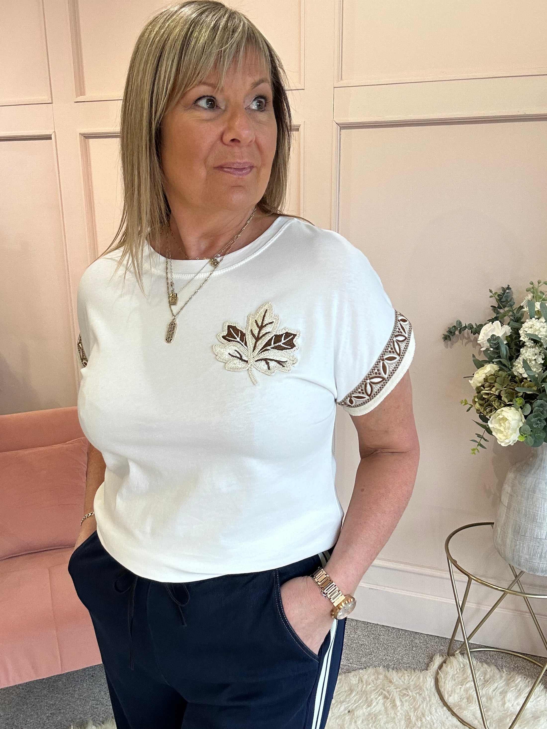 Embroidered Leaf T Shirt  - White/Cream - Wardrobe By Simone