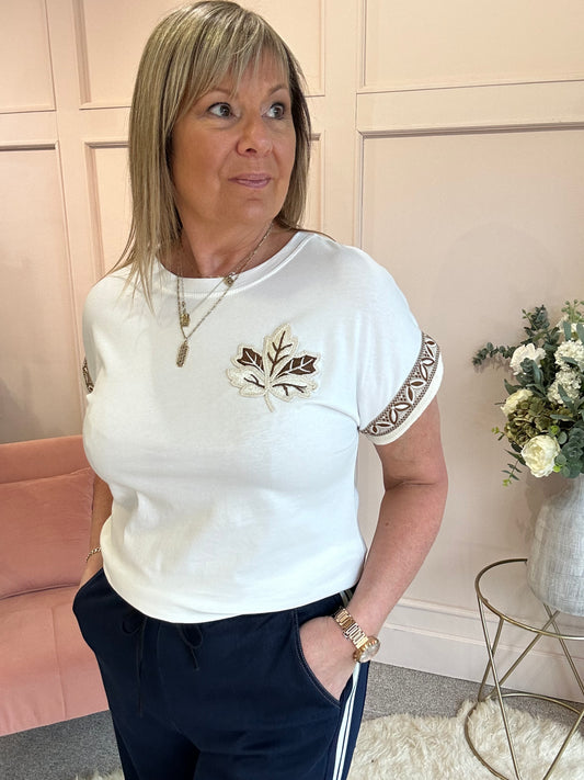 Embroidered Leaf T Shirt  - White/Cream - Wardrobe By Simone