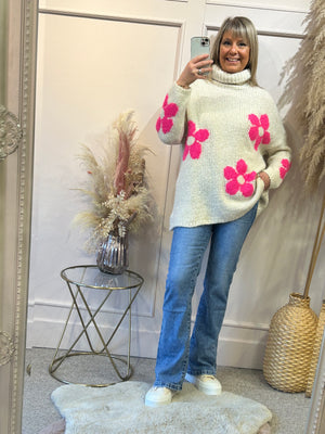 
            
                Load image into Gallery viewer, Flower Power Roll Neck Jumper - White - Wardrobe By Simone
            
        