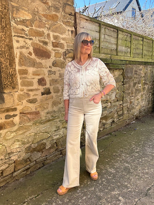 Crochet Gold Button Cardi - Beige