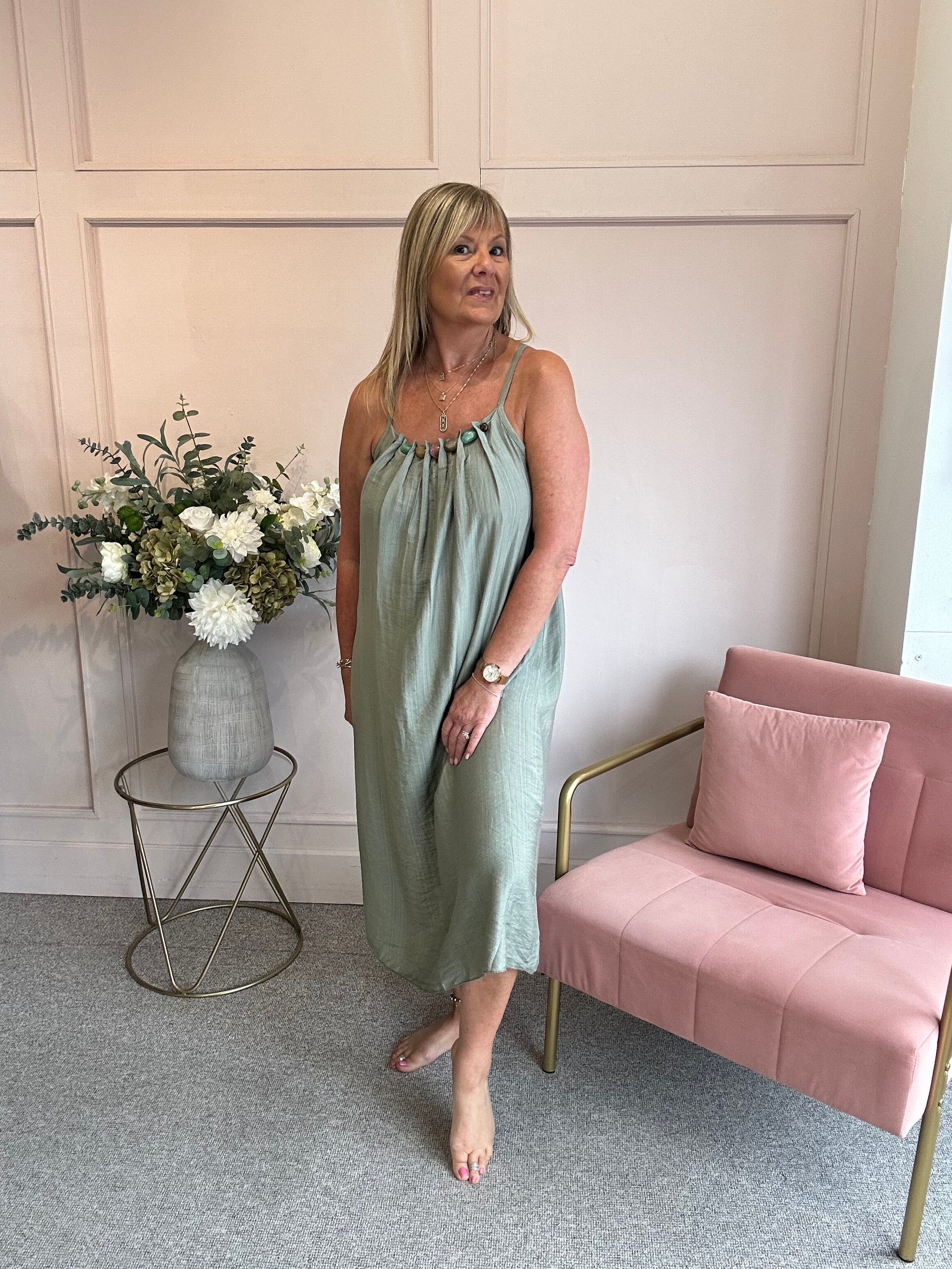 Beaded Strapy Sundress Dress - Sage Green