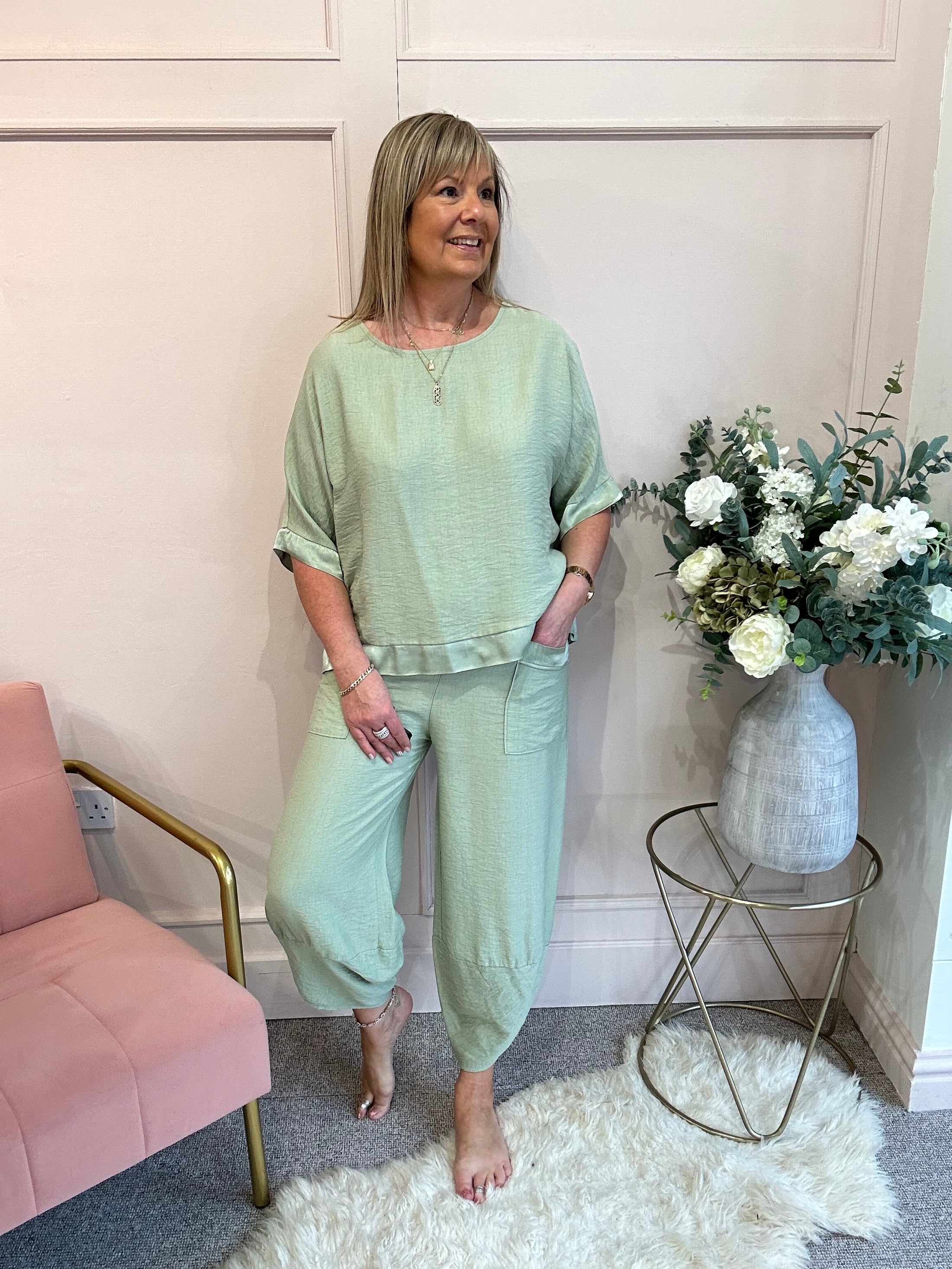 Top & Harem Pant Set - Soft Sage Green - Wardrobe By Simone