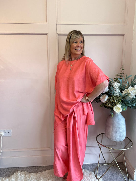 Handkerchief Hem Top & Pant Set - Coral - Wardrobe By Simone