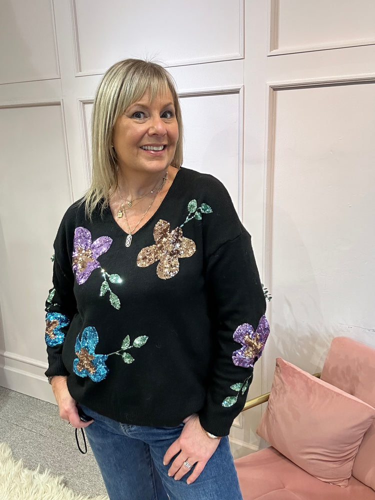 Sequin Flower Jumper - Black/Mix