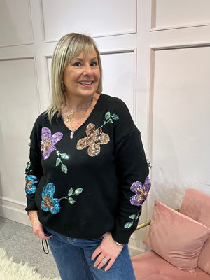 Sequin Flower Jumper - Black/Mix