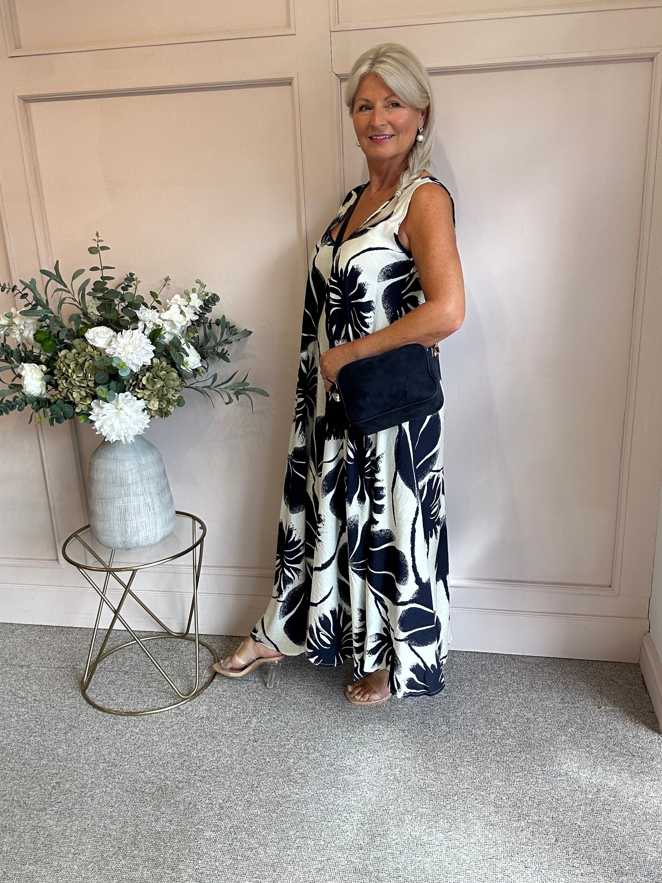 Bold Leaf Maxi Sundress - Navy/Cream - Wardrobe By Simone