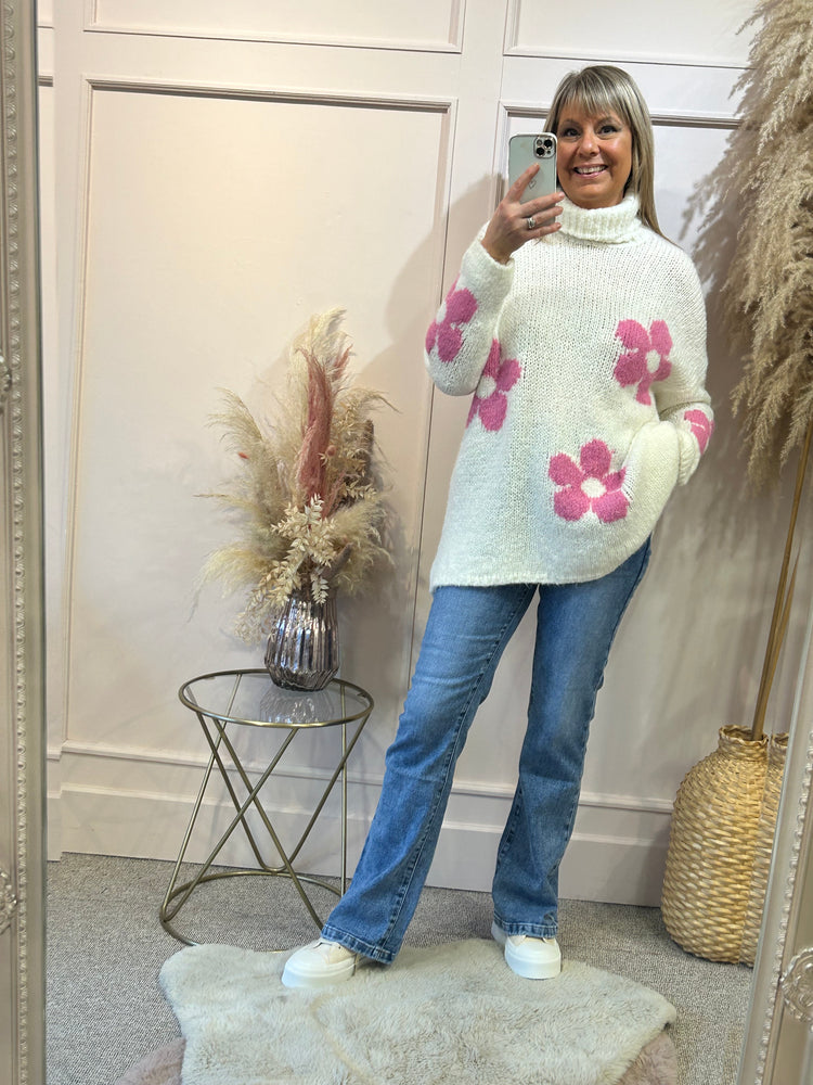 
            
                Load image into Gallery viewer, Flower Power Roll Neck Jumper - Cream - Wardrobe By Simone
            
        