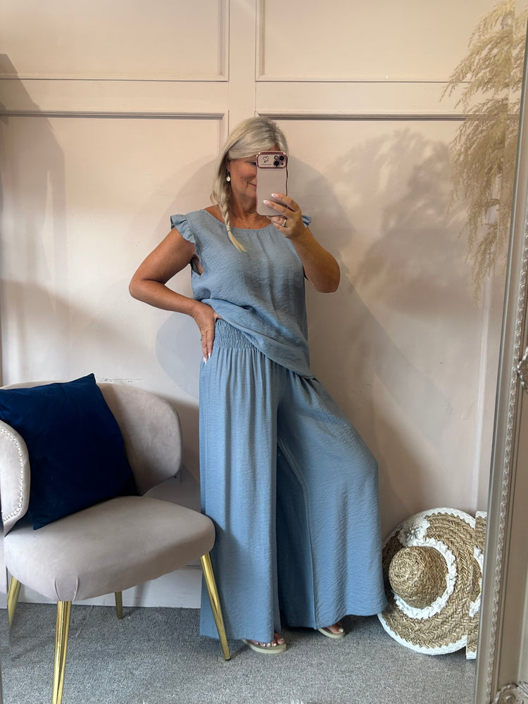 Frill Edged Top & Wide Pant Set - Pale Blue