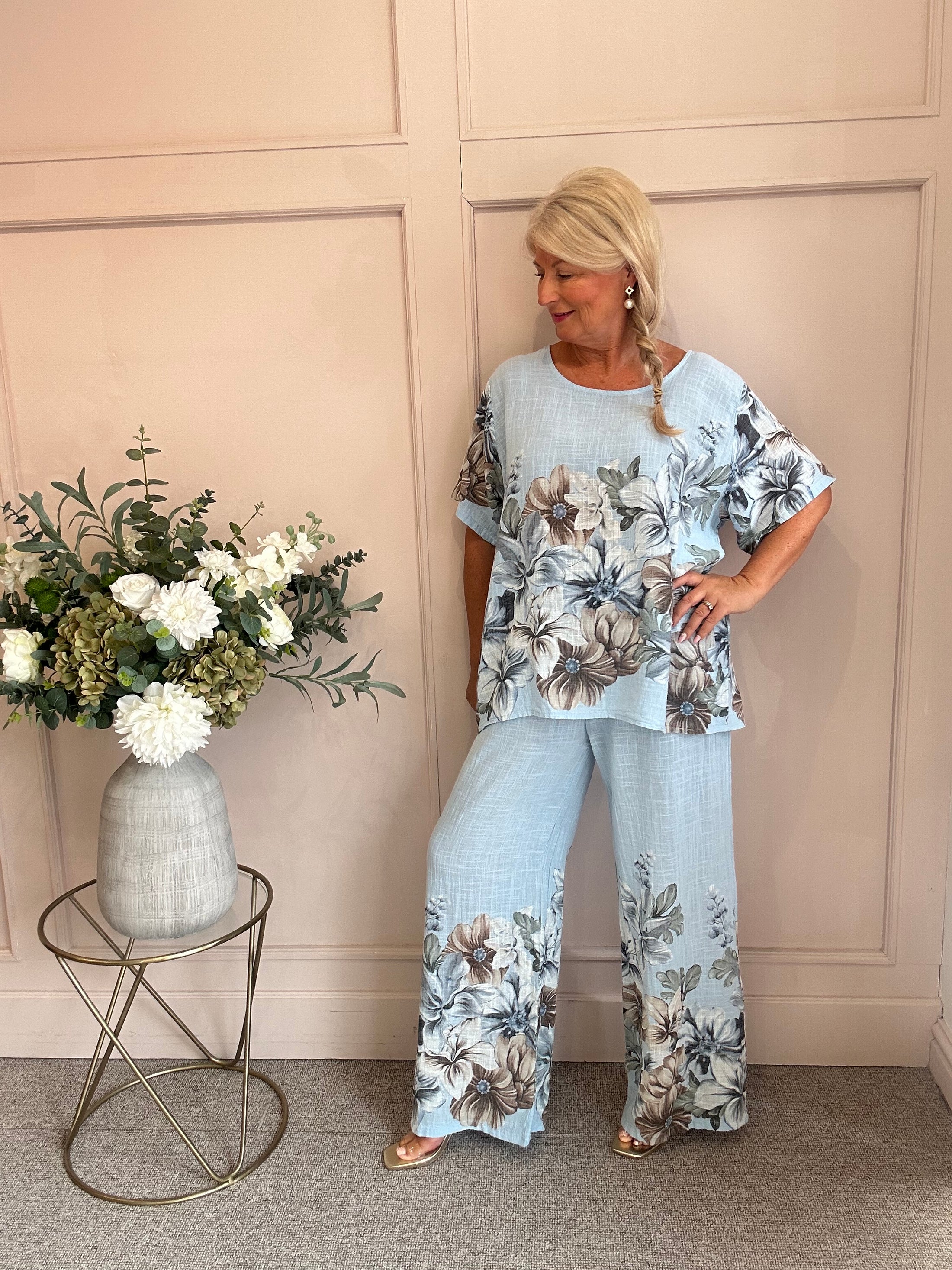 Flower Print Pants - Blue One size