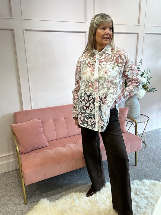 Pearl Button Embroidered Shirt  - Pink/Cream - Wardrobe By Simone