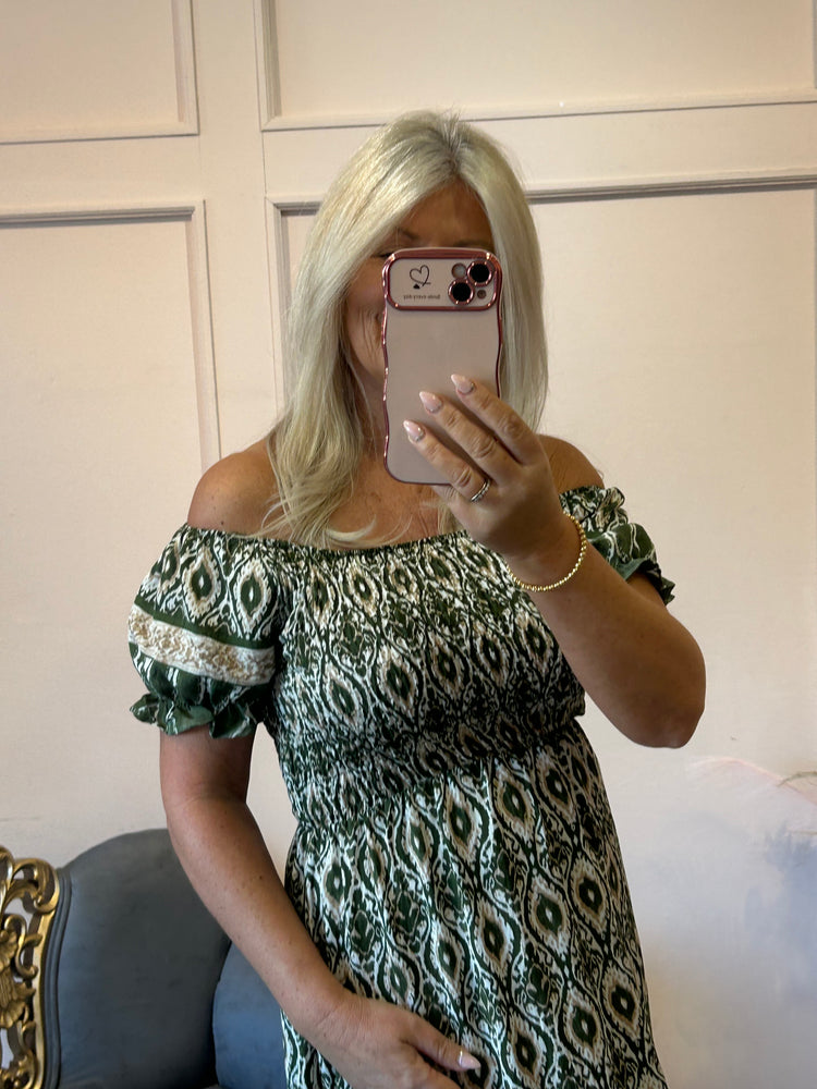 Aztec Mixed Print Dress - Khaki/Cream