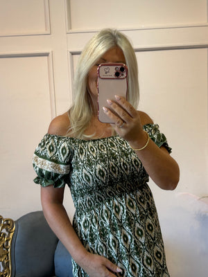 Aztec Mixed Print Dress - Khaki/Cream