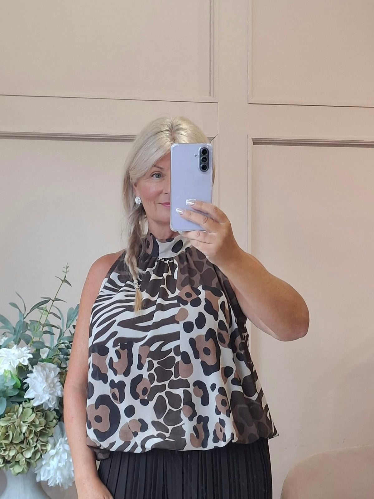 Zebra Halter Neck Top - Brown/Cream