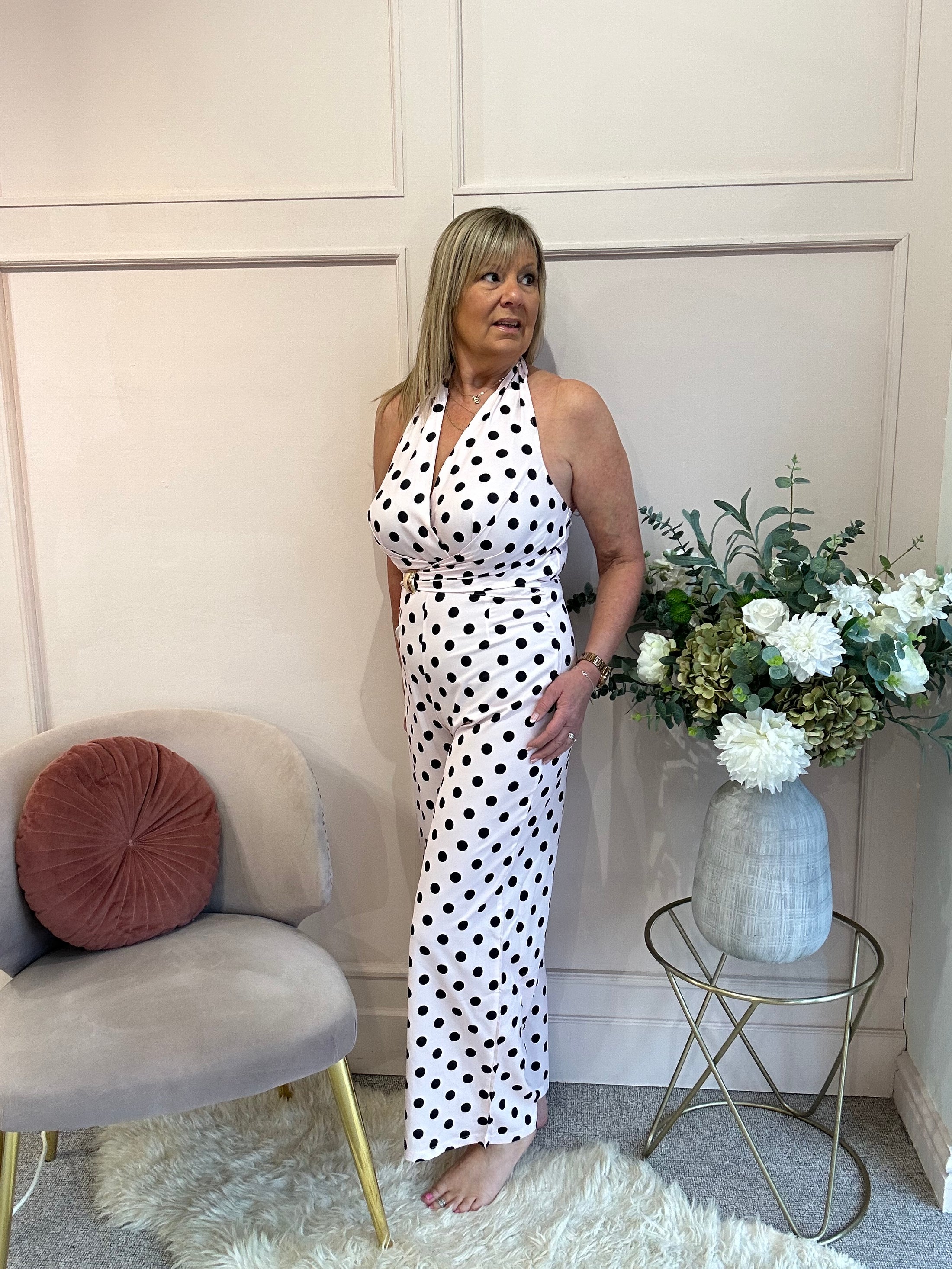 Halter Neck Polka Dot Jumpsuit - Soft Pink/Black - Wardrobe By Simone
