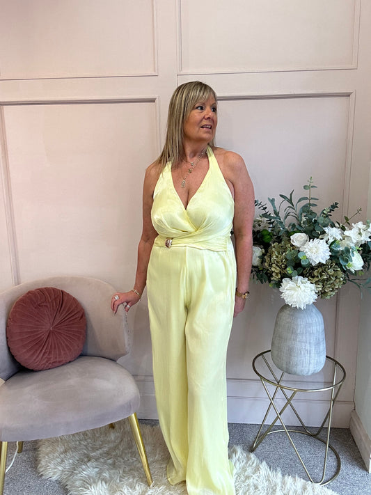 Halter Neck Soft Shimmer Jumpsuit - Soft Lemon - Wardrobe By Simone