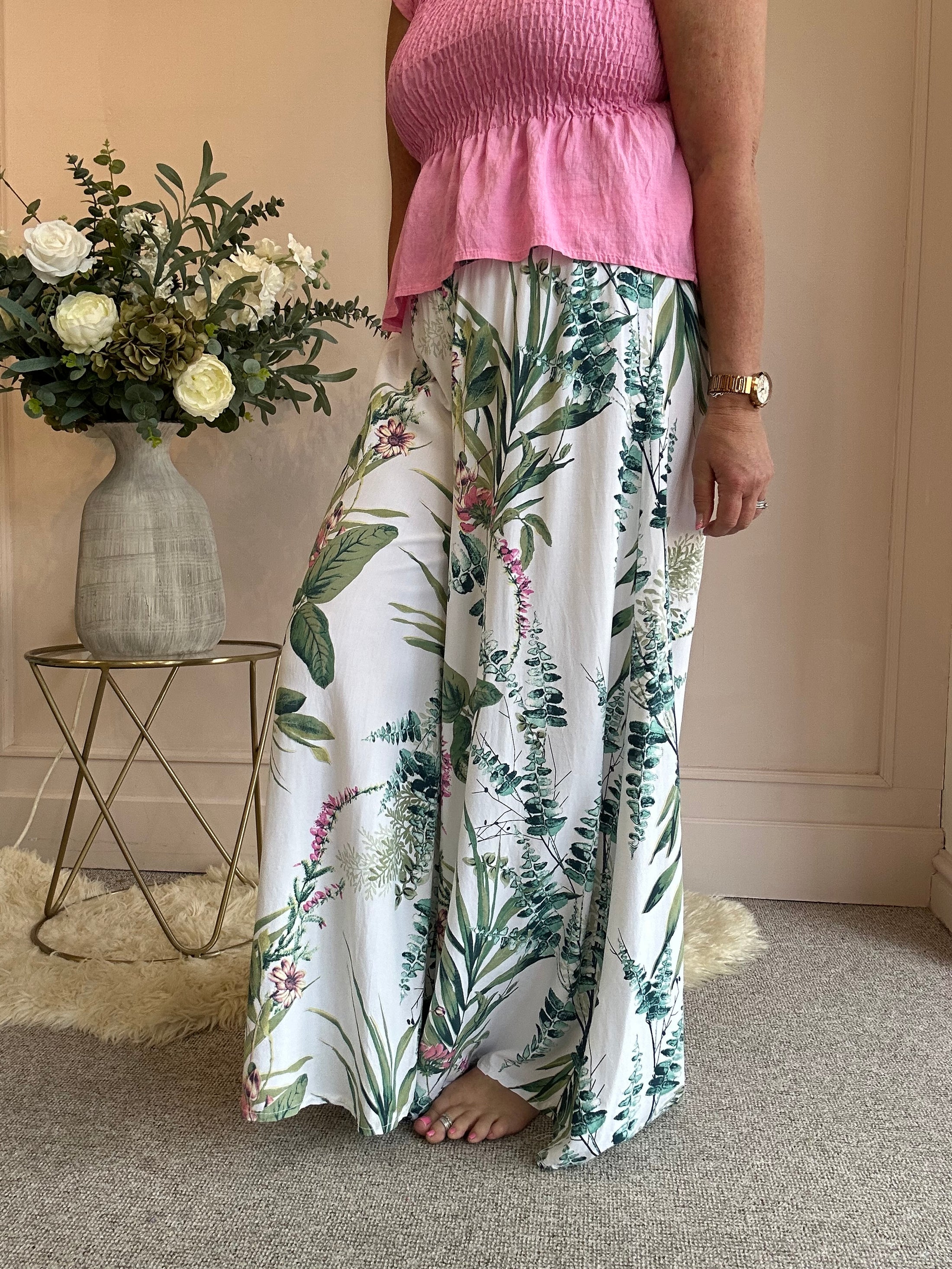Botanical Palazzo Pant - White/Green - Wardrobe By Simone