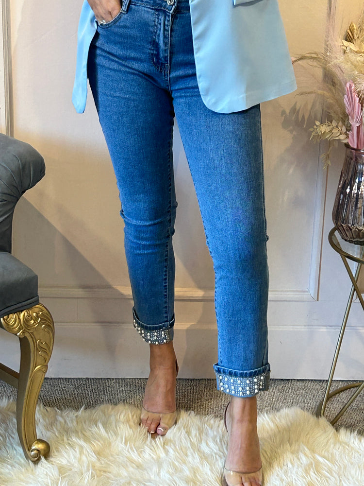 Pearl Detail Straight Leg Jeans- Lighter Denim - Wardrobe By Simone