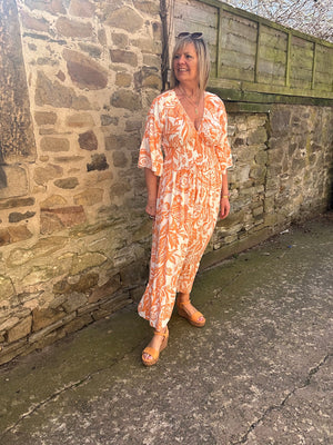 Flower Leaf Mix Maxi Dress - Orange/White