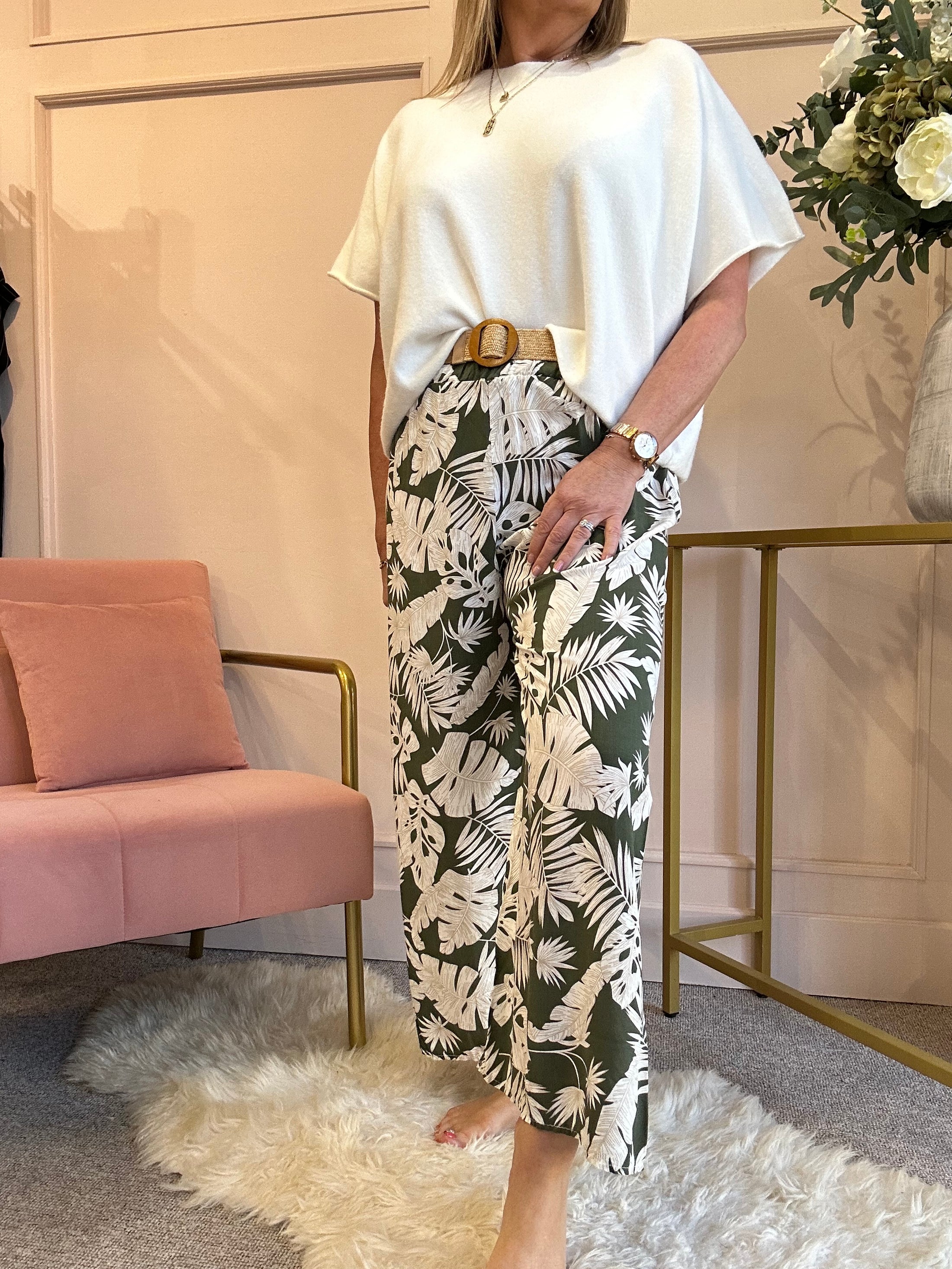 Palm Leaf Wide Belted Pant - Khaki/White - Wardrobe By Simone