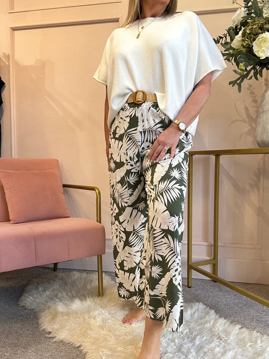 Palm Leaf Wide Belted Pant - Khaki/White - Wardrobe By Simone
