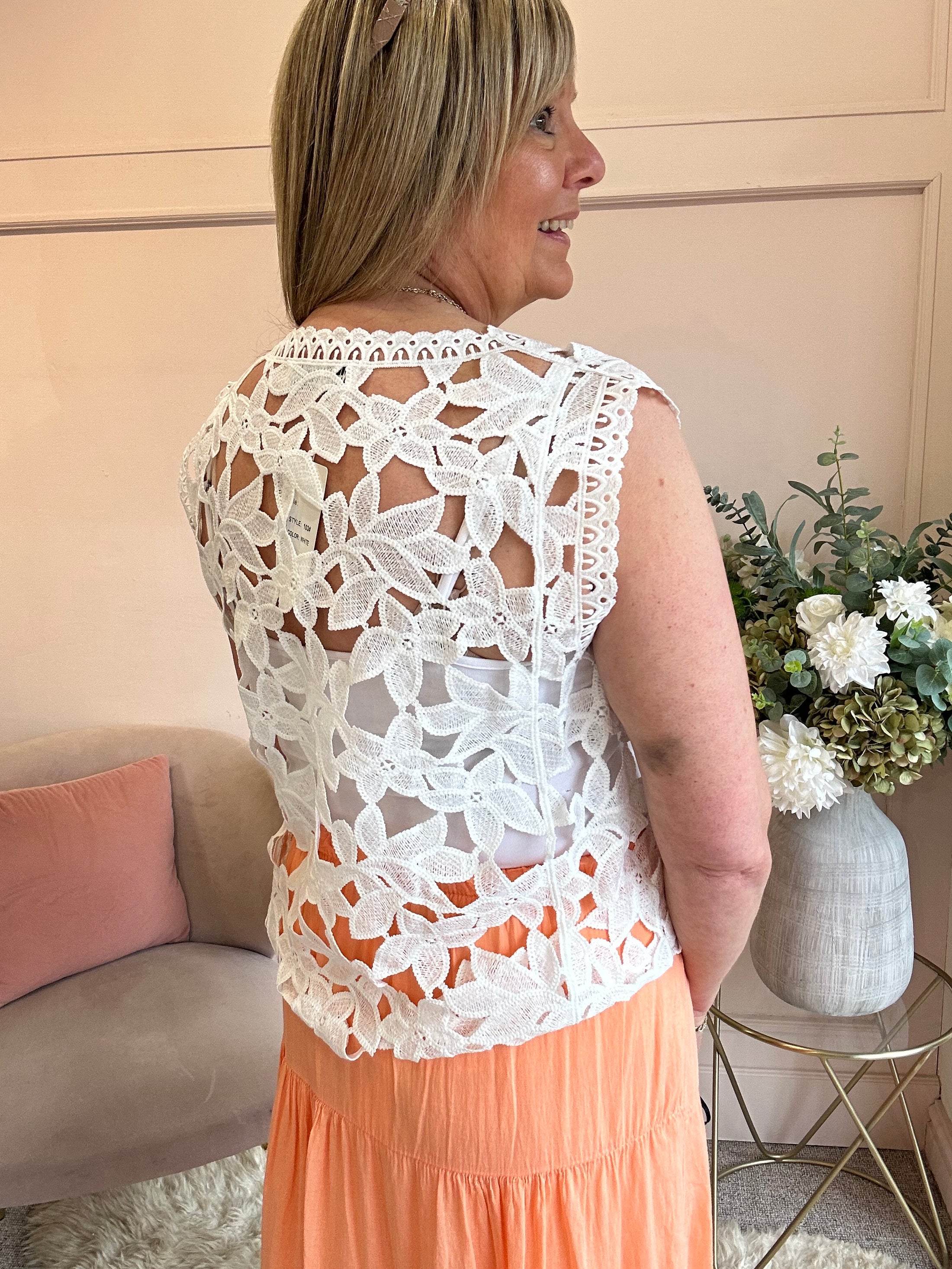Open Lace Sleeveless Top  - White - Wardrobe By Simone