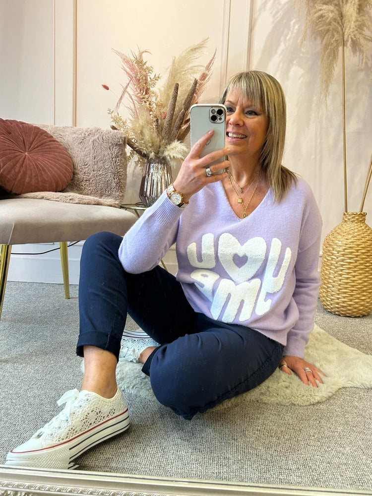 
            
                Load image into Gallery viewer, V Neck You Heart Me Jumper - Lilac - Wardrobe By Simone
            
        