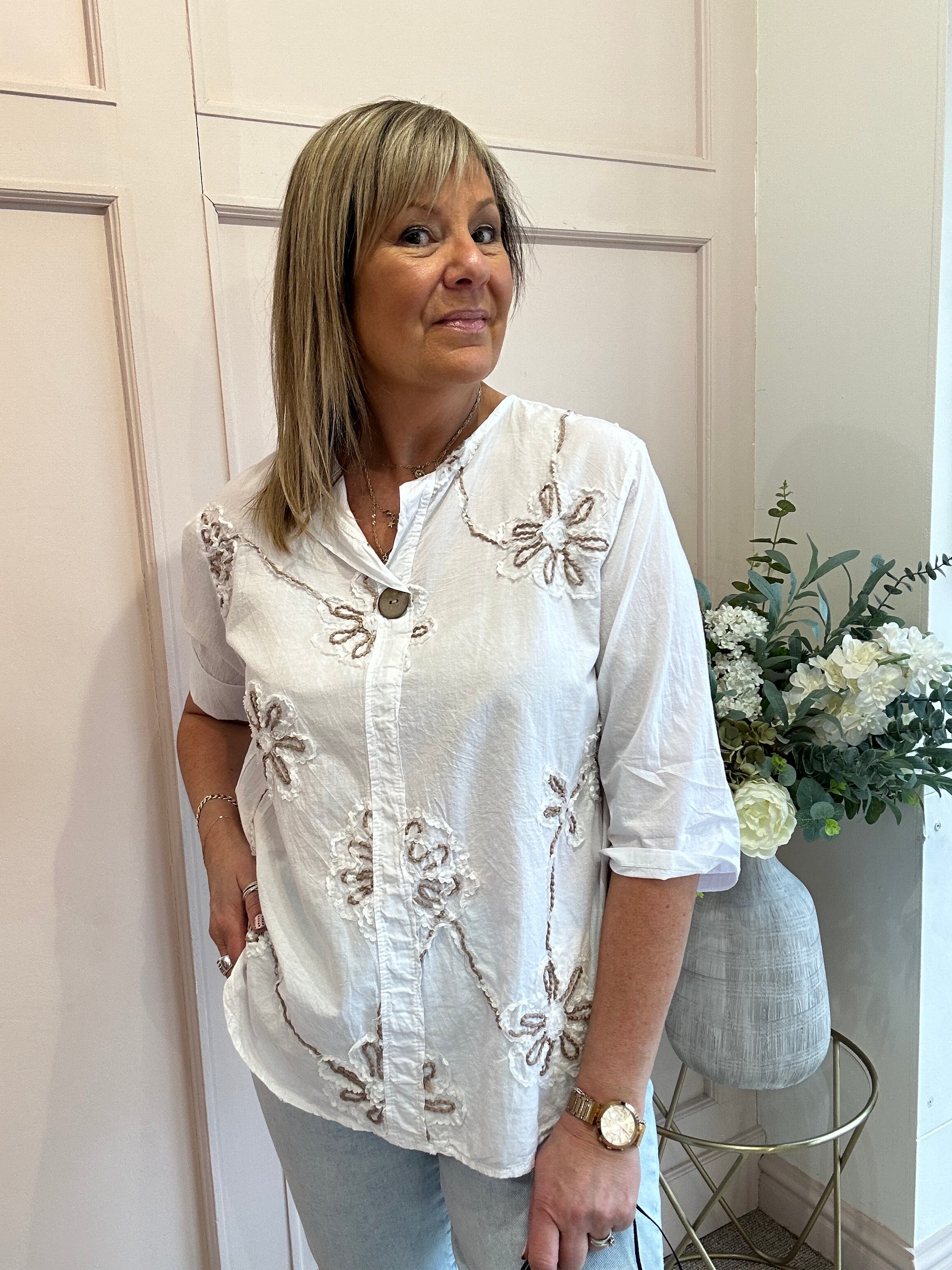 Pretty Applique Flower Shirt  - White - Wardrobe By Simone