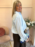 Load image into Gallery viewer, Sheer Shimmer Pleated Shirt - Aqua Blue - Wardrobe By Simone
