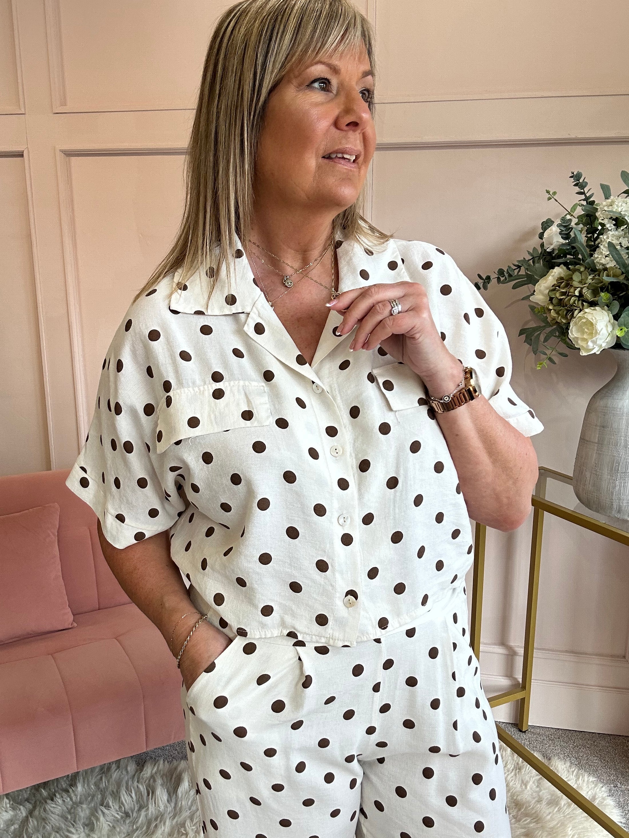 Polka Dot Shirt Pant Set - Beige/Brown - Wardrobe By Simone