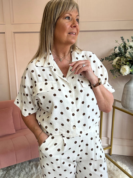 Polka Dot Shirt Pant Set - Beige/Brown - Wardrobe By Simone