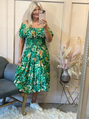 Floral Print Midi Dress - Greens - Wardrobe By Simone