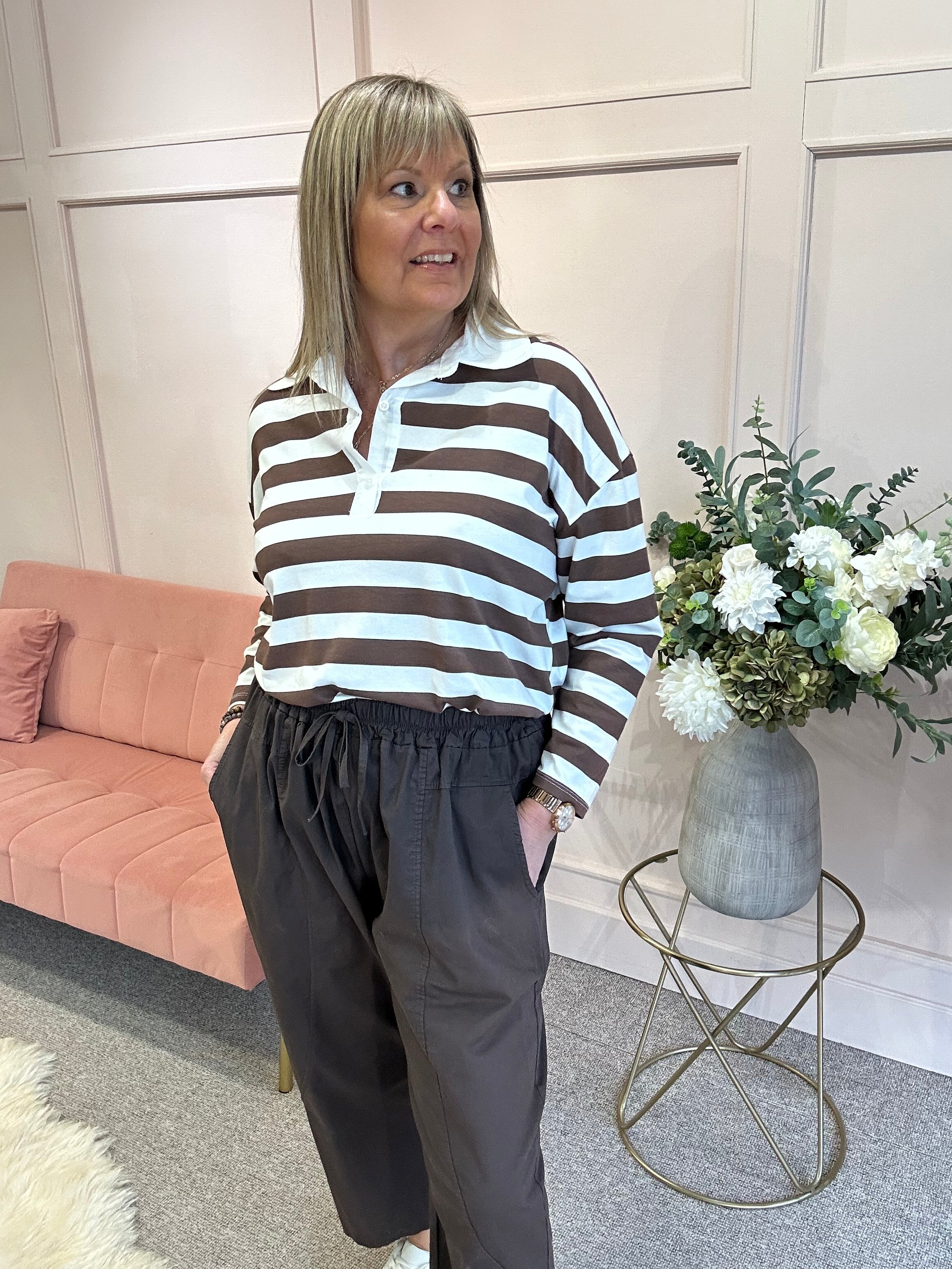 Striped Rugby Shirt Top - Brown/White - Wardrobe By Simone