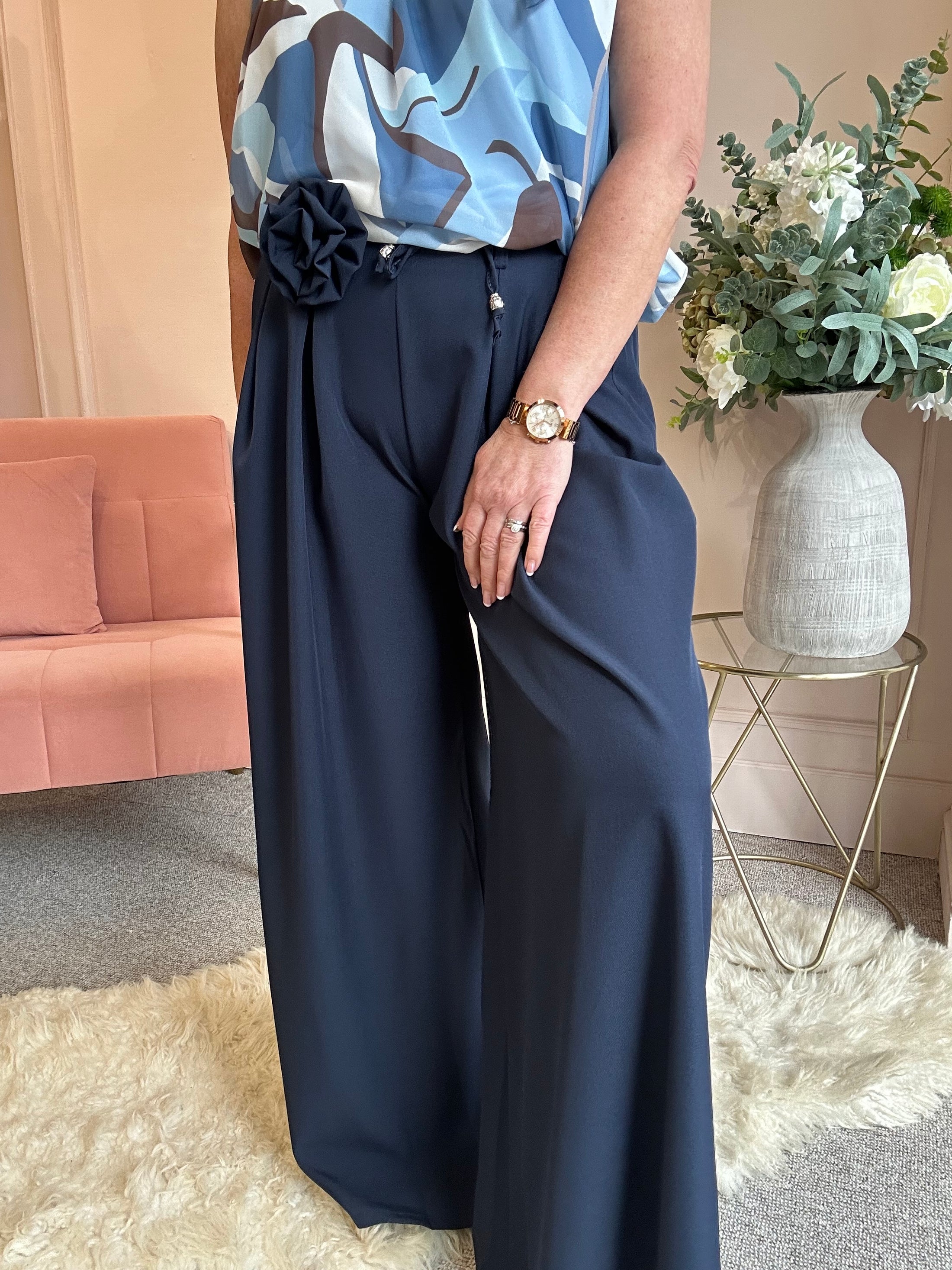 Flower Tie Wide Leg Pant - Navy - Wardrobe By Simone