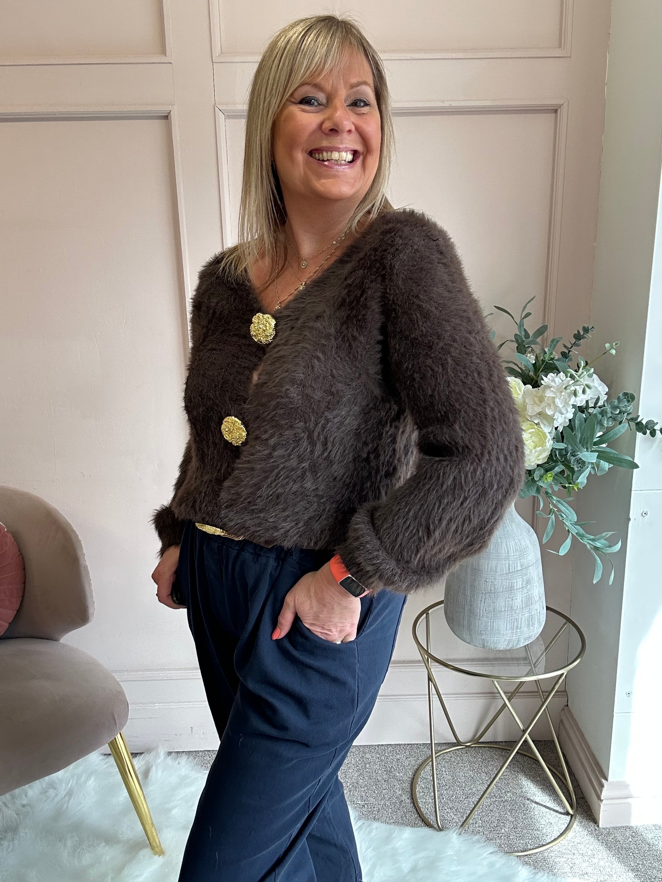 Fluffy Gold Button Cardigan - Chocolate