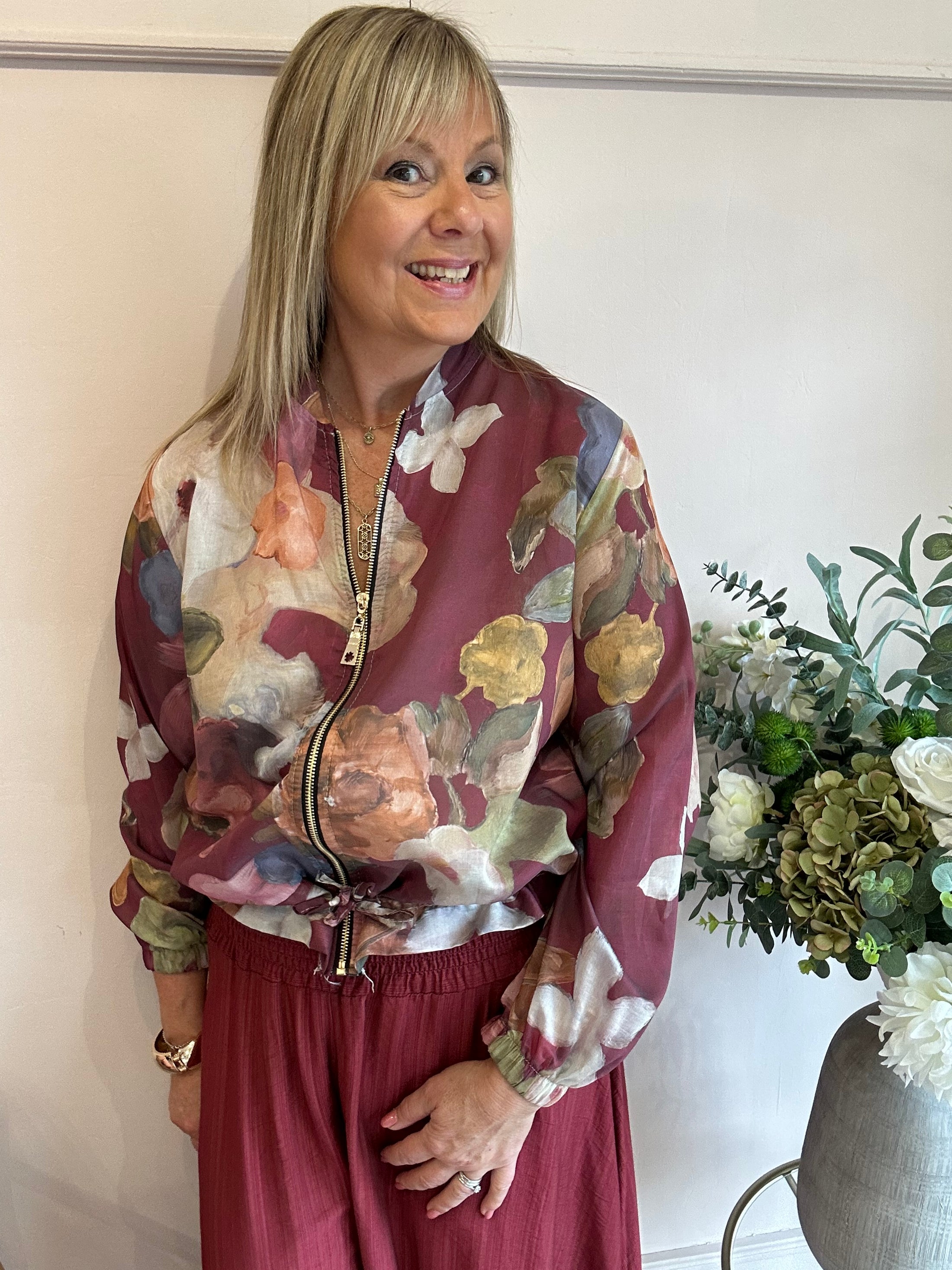 Floral Bloom Zip Jacket - Burgundy/Beige