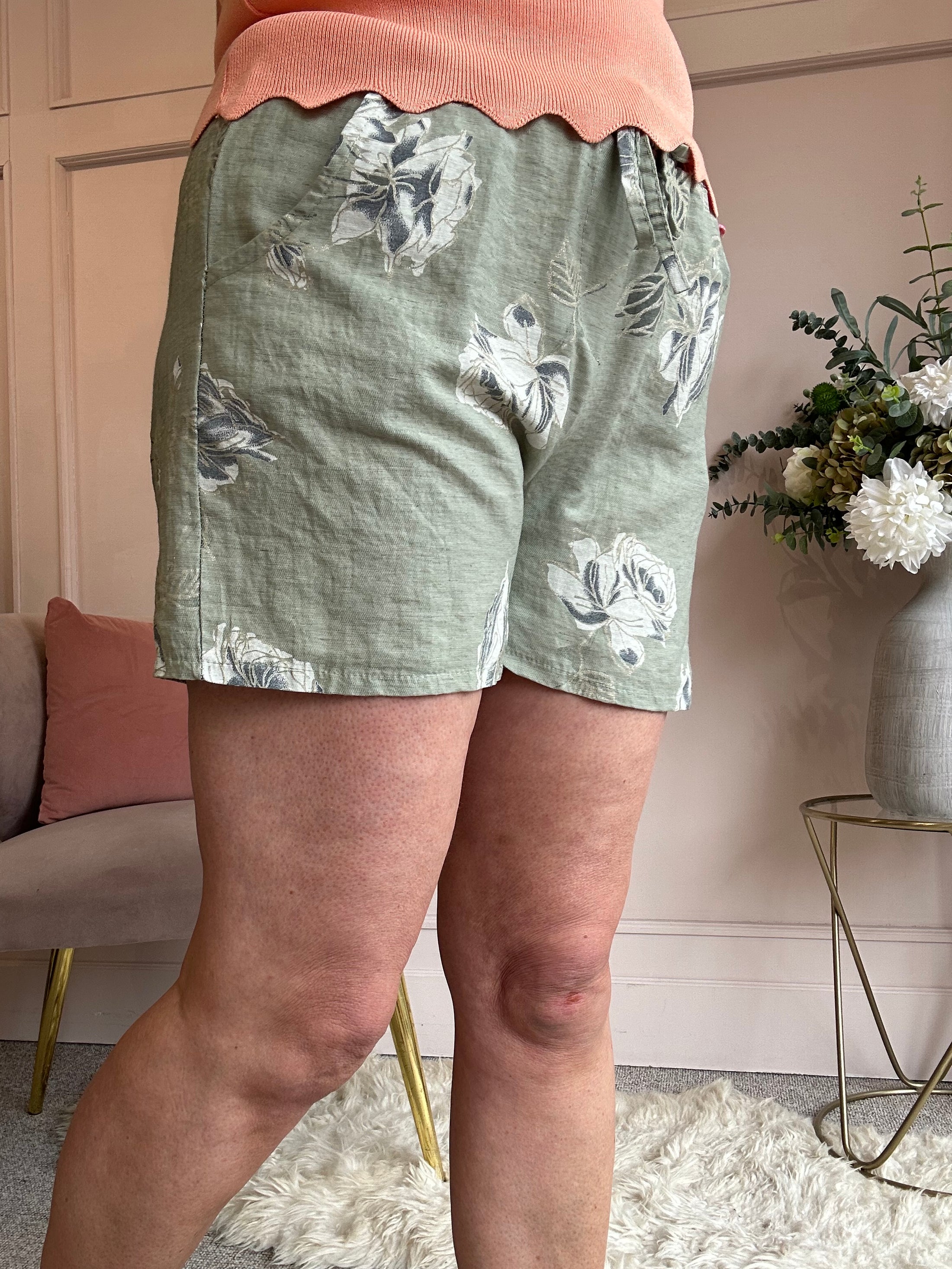 Belted Floral touch of Gold Shorts - Green - Wardrobe By Simone