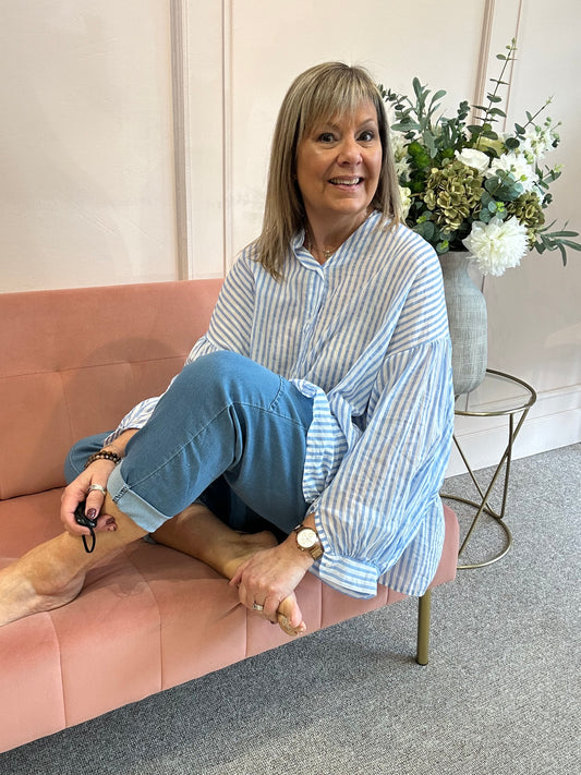 Striped Grandad Shirt - Powder Blue/White - Wardrobe By Simone