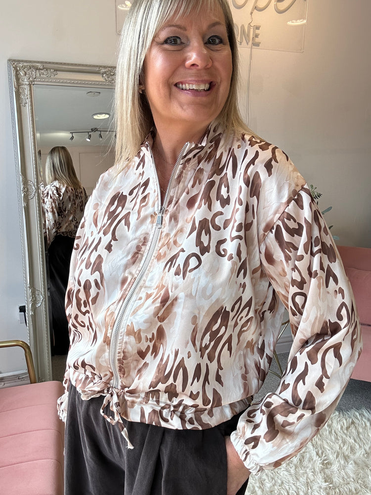Leopard Satin Zip Bomber - Cream/Brown