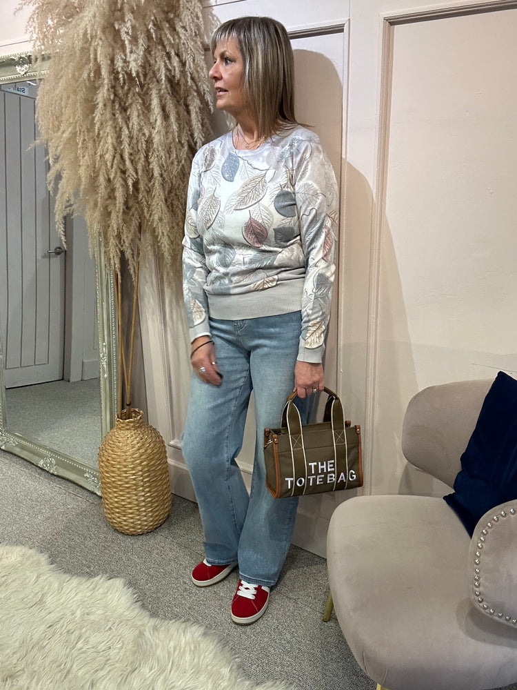Leaf Design & Touch Of Sparkle Jumper - Grey/Pink - Wardrobe By Simone