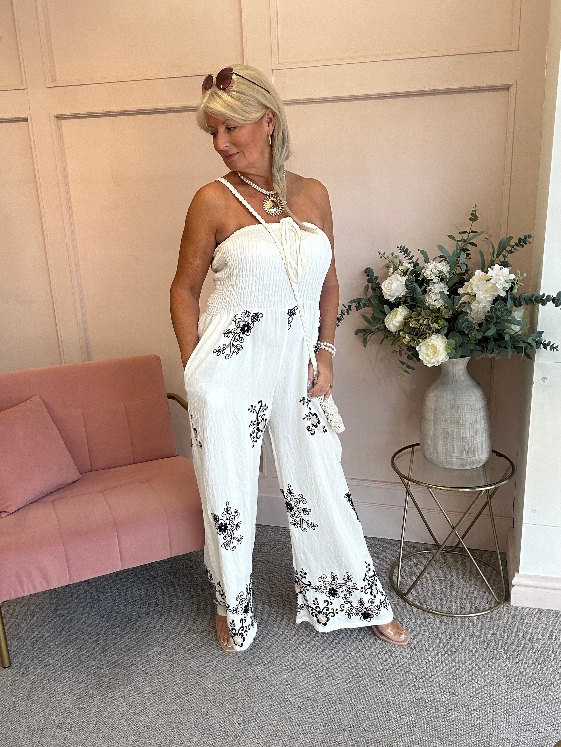 Floral Embroidered Detailed Jumpsuit - Cream/Black - Wardrobe By Simone