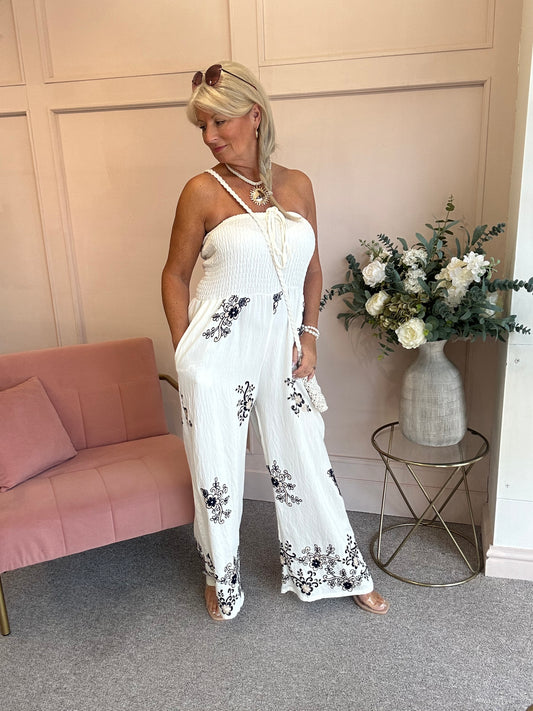 Floral Embroidered Detailed Jumpsuit - Cream/Black - Wardrobe By Simone