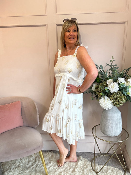 Embroidered Gold Midi SunDress - Soft Cream/Gold - Wardrobe By Simone