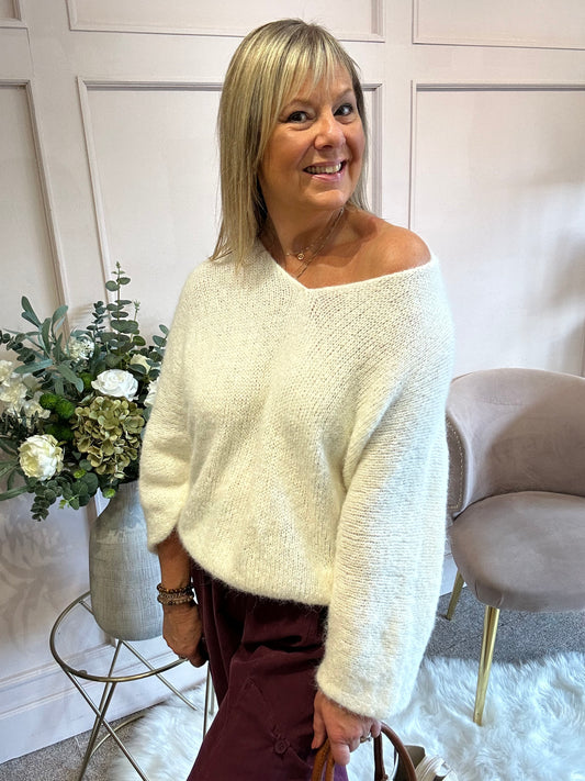 V Neck Knit Jumper - Cream - Wardrobe By Simone
