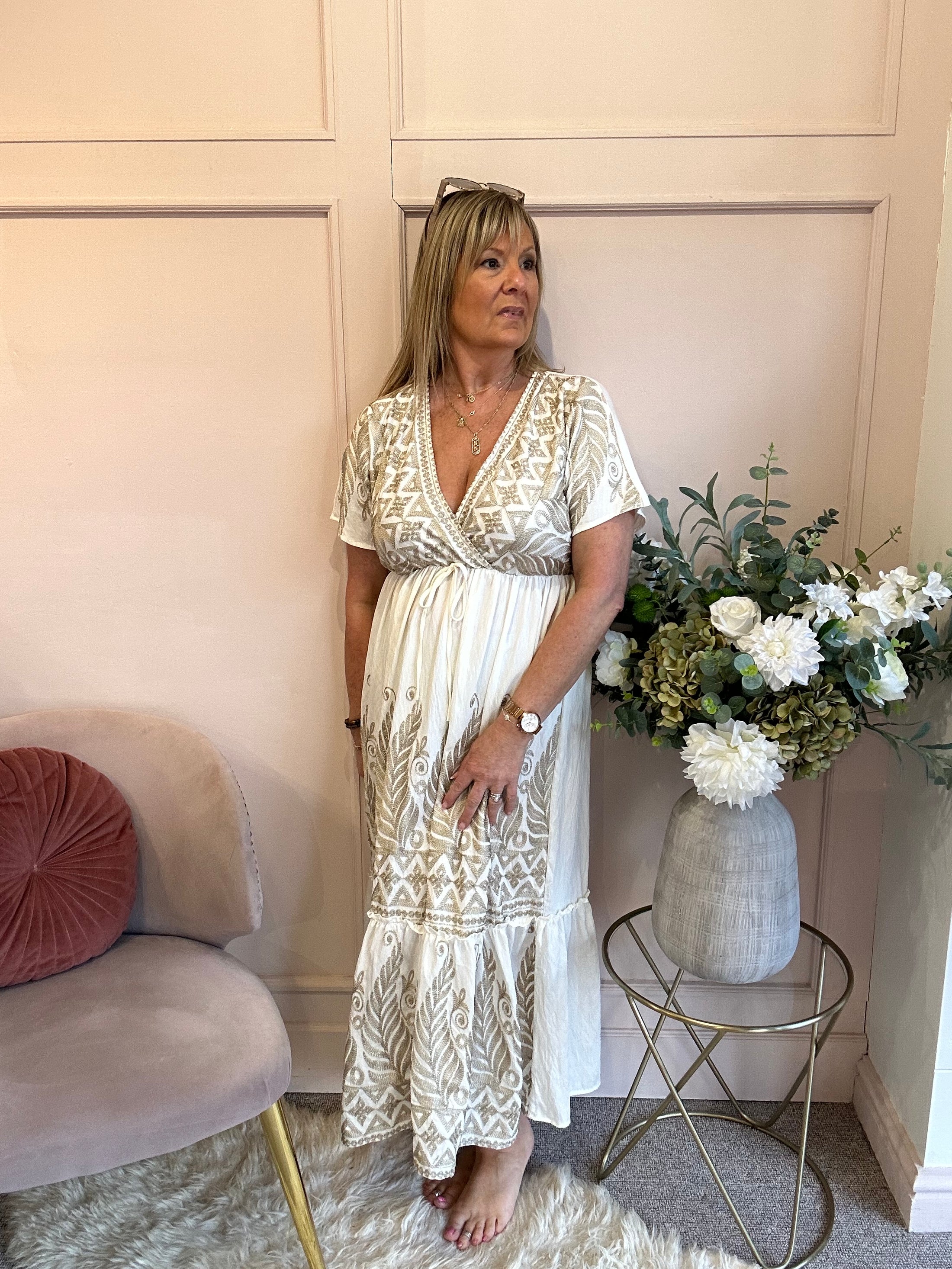Gold Embroidered Maxi Dress - Soft Cream/Gold - Wardrobe By Simone