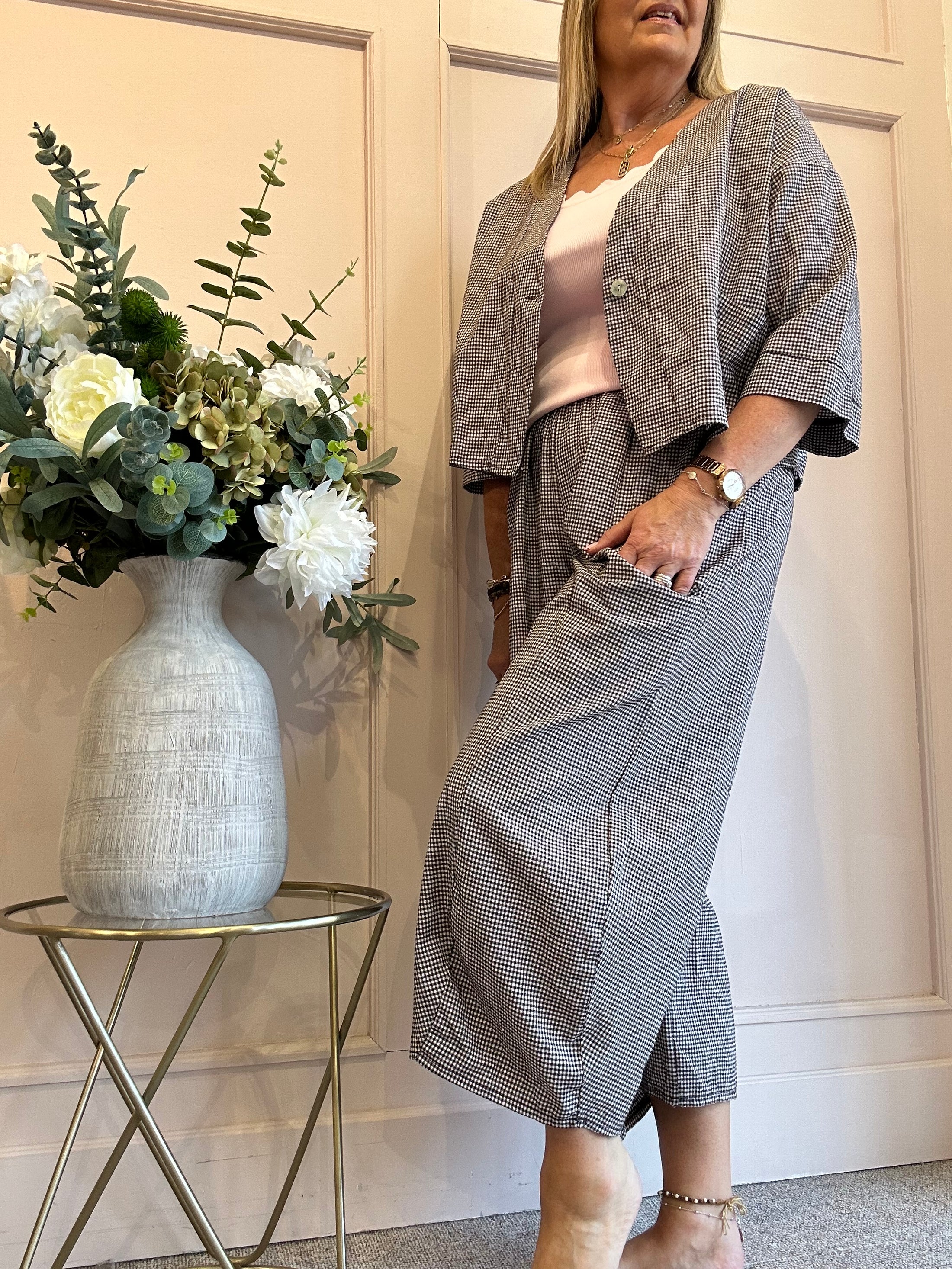 Gingham Little Jacket & Pants Set - Brown/White