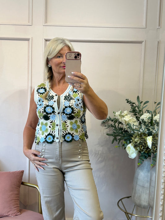 Crochet Little Waistcoat - Cream/Blue - Wardrobe By Simone